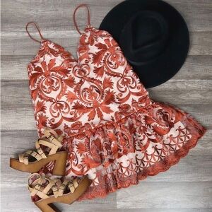 Rust Embroidered Spaghetti-Strap Mini Dress
